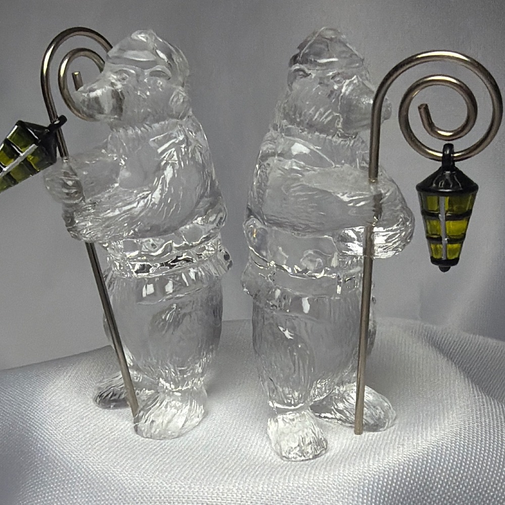 Vintage Clear Acrylic Polar Bear Figurines with Lantern Staff Set of 2 Winter